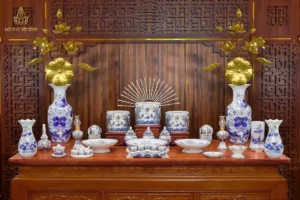 Bộ đồ thờ gian tiên men lam vẽ vàng