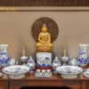 Bộ Đồ Thờ Phật Men Lam Bát Tràng Vẽ Vàng Hoa Sen