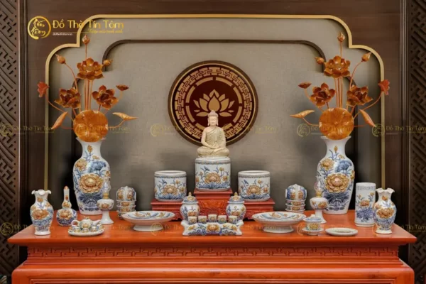 Bộ Đồ Thờ Phật Men Rạn Đắp Nổi Bát Tràng