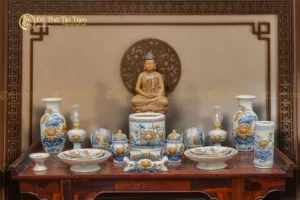 Bộ Đồ Thờ Phật Men Rạn Họa Tiết Hoa Sen