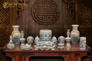 Bộ Đồ Thờ Thần Linh Men Rạn Vẽ Nổi Bát Tràng
