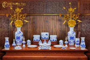 Bộ Đồ Thờ Gia Tiên Bát Tràng Men Lam Họa Tiết Hoa Sen