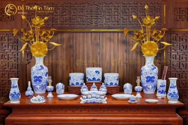 Bộ Đồ Thờ Gia Tiên Bát Tràng Men Lam Họa Tiết Hoa Sen