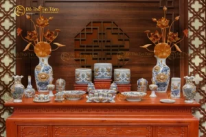 Bộ Đồ Thờ Gia Tiên Men Rạn Khắc Nổi Bát Tràng
