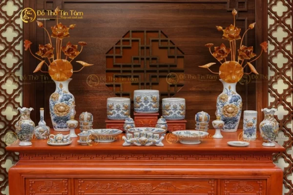 Bộ Đồ Thờ Gia Tiên Men Rạn Khắc Nổi Bát Tràng
