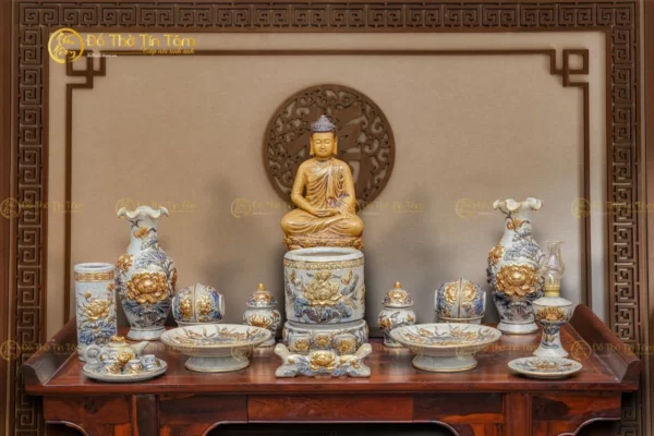 Bộ Đồ Thờ Phật Men Rạn Vẽ Vàng Bát Tràng
