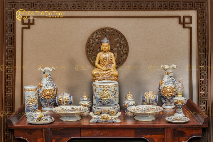 Bộ Đồ Thờ Phật Men Rạn Vẽ Vàng Bát Tràng