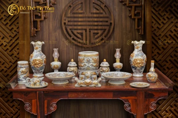 Bộ Đồ Thờ Thần Linh Bát Tràng Men Rạn Vẽ Vàng