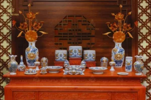 Bộ đồ thờ gian tiên men rạn khắc nổi Bát Tràng