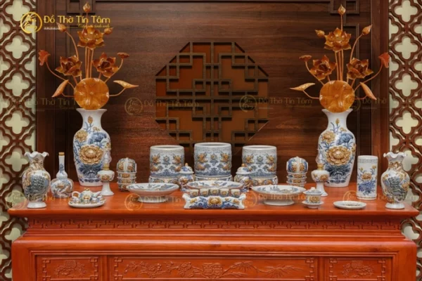 Bộ Đồ Thờ Bát Tràng Họa Tiết Sen Rồng Men Rạn