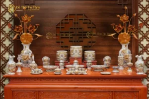 Bộ Đồ Thờ Gia Tiên Bát Tràng Men Rạn Vẽ Vàng