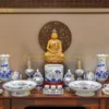 Bộ Đồ Thờ Phật Men Lam Vẽ Vàng Bát Tràng
