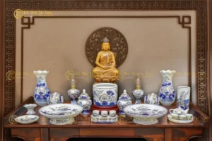 Bộ Đồ Thờ Phật Men Lam Vẽ Vàng Bát Tràng