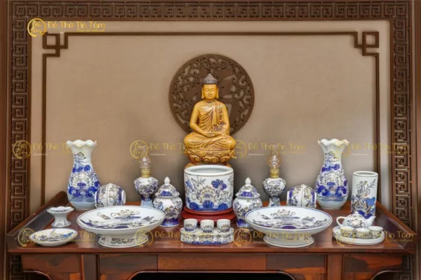 Bộ Đồ Thờ Phật Men Lam Vẽ Vàng Bát Tràng