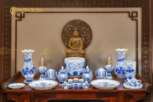 Bộ Đồ Thờ Phật Men Lam Họa Tiết Hoa Sen