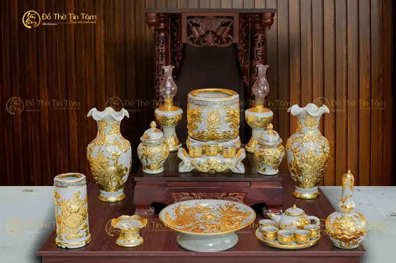 Bộ Đồ Thờ Thần Tài-Thổ Địa Bát Tràng Men Rạn Dát Vàng