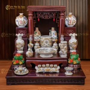 Bộ Đồ Thờ Thần Tài -Thổ Địa Bát Tràng Men Rạn Vẽ Vàng