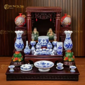 Bộ Đồ Thờ Thần Tài- Thổ Địa Men Lam Bát Tràng