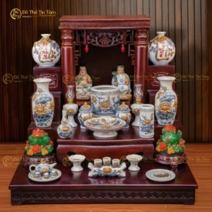 Bộ Đồ Thờ Thần Tài - Thổ Địa Men Rạn Hoa Sen Bát Tràng