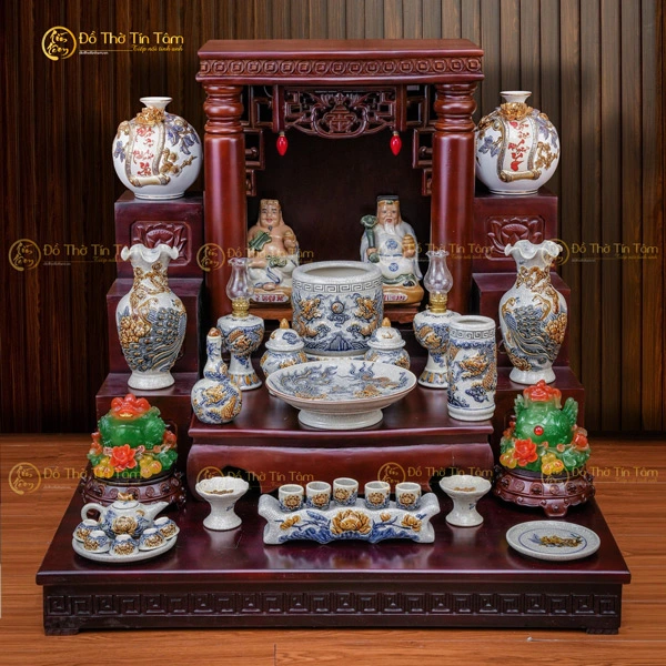 Bộ Đồ Thờ Thần Tài -Thổ Địa Men Rạn Họa Tiết Sen Rồng
