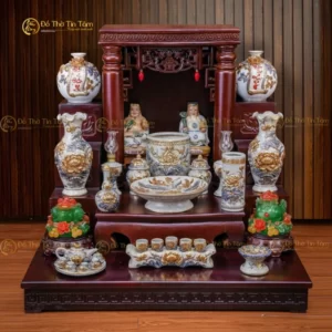 Bộ Đồ Thờ Thần Tài - Thổ Địa Men Rạn Vẽ Vàng Hoa Sen Bát Tràng