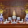 Bộ đồ thờ Phật men lam vẽ vàng họa tiết hoa sen