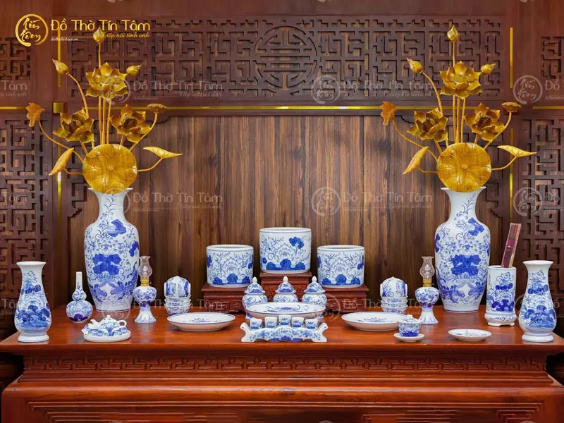 Bộ đồ thờ bát tràng gia tiên men lam