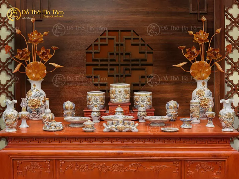 Bộ đồ thờ bát tràng gia tiên men rạn vẽ vàng