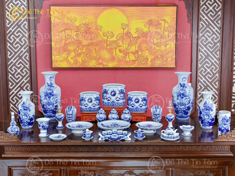 Bộ đồ thờ gia tiên Bát Tràng men lam