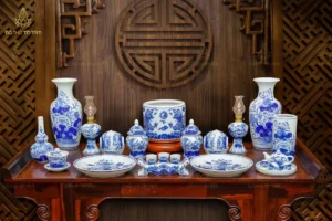 Bộ đồ thờ gian tiên men lam Bát Tràng