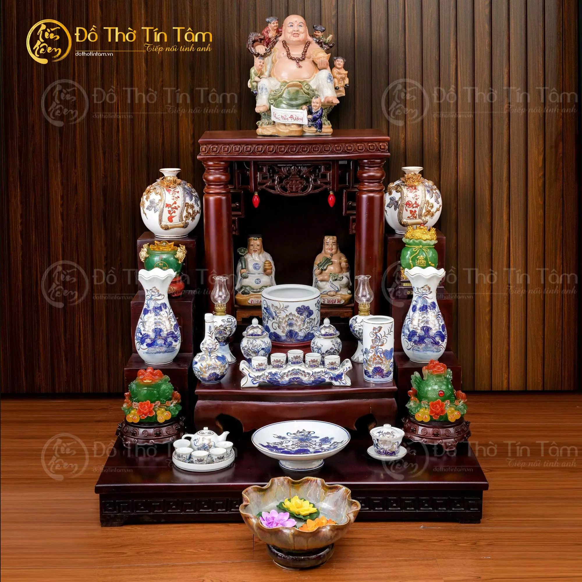Bộ đồ thờ thần tài men lam vẽ vàng