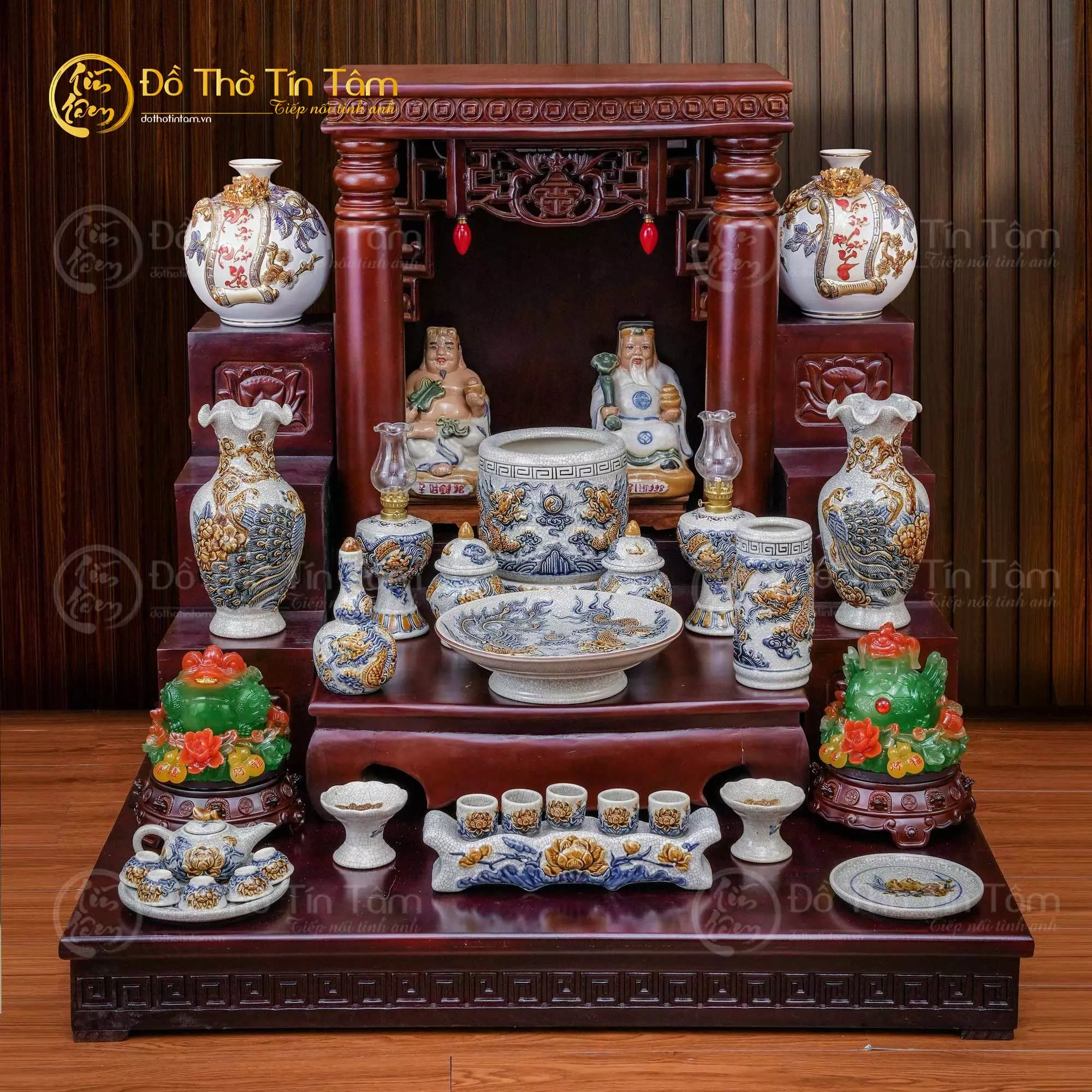 Bộ đồ thờ thần tài men rạn đắp nổi