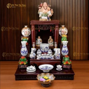 Đồ Thờ Thần Tài - Thổ Địa Men Lam Vẽ Vàng Họa Tiết Hoa Sen