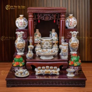 Đồ Thờ Thần Tài -Thổ Địa Men Rạn Vẽ Vàng Họa Tiết Rồng Sen