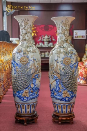 Đôi Lục Bình Bát Tràng Họa Tiết Công Đào Men Rạn