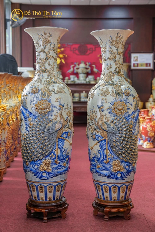 Đôi Lục Bình Bát Tràng Họa Tiết Công Đào Men Rạn