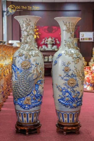 Đôi Lục Bình Bát Tràng Họa Tiết Công Đào Men Rạn