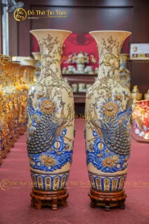Đôi Lục Bình Họa Tiết Công Đào Men Hoàng Thổ Bát Tràng