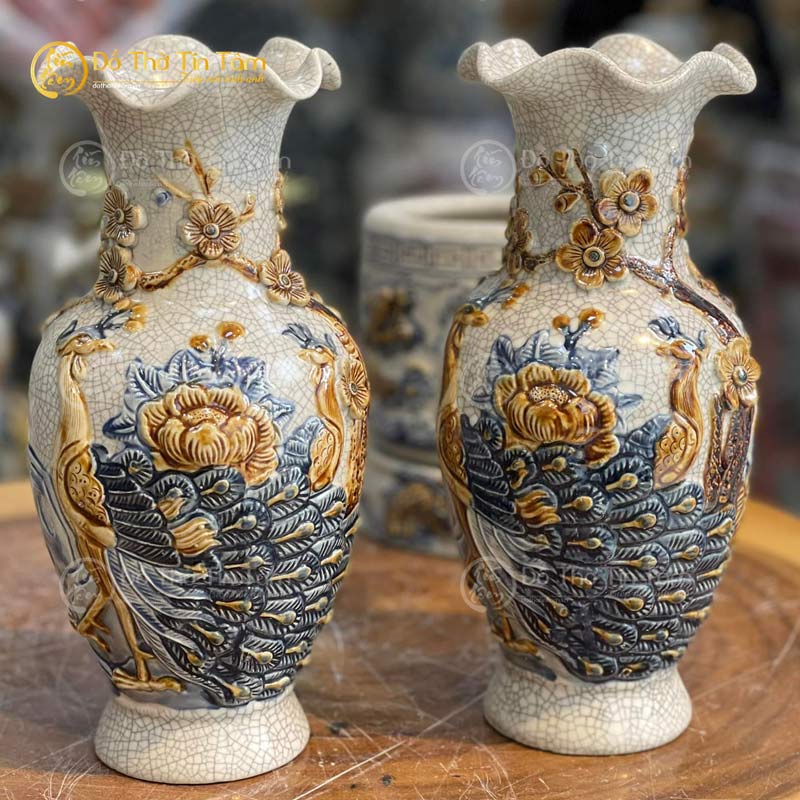 Lọ hoa men rạn đắp nổi Bát tràng