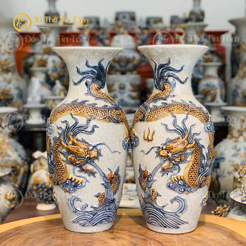 Lọ hoa men rạn đắp nổi Bát tràng