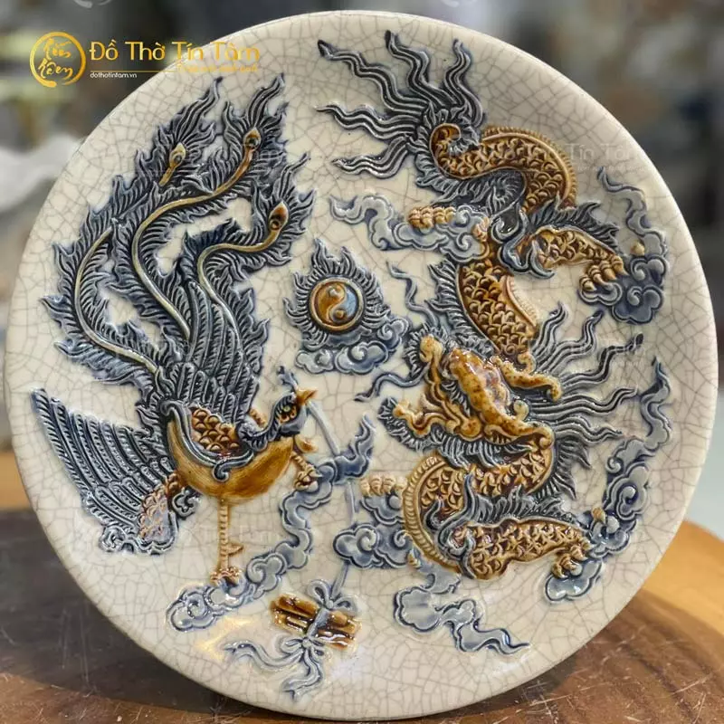 Mâm Bồng men rạn đắp nổi Bát Tràng