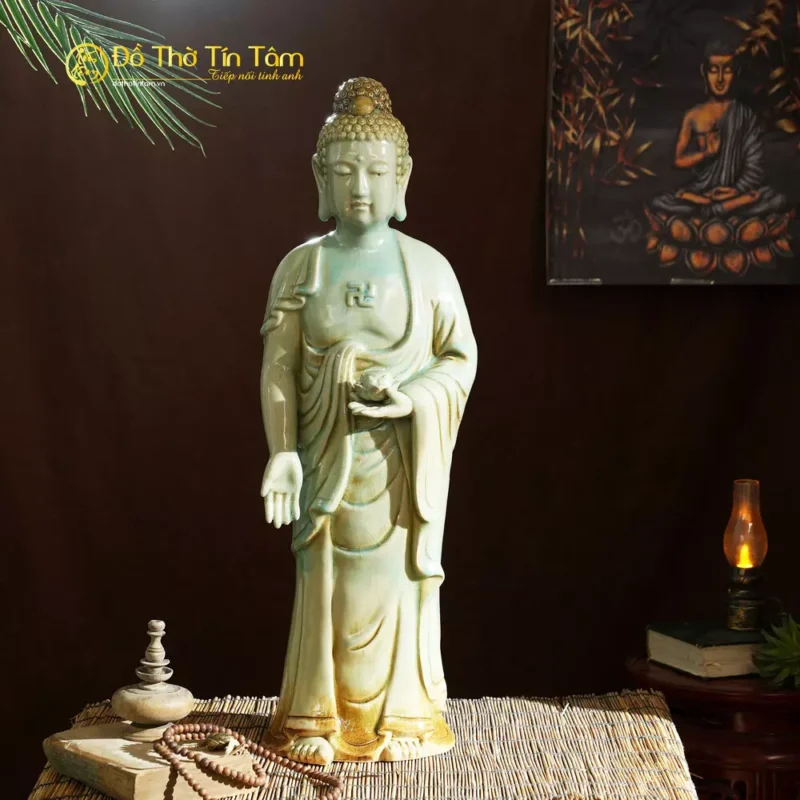 Tượng A di đà gốm Bát Tràng men bạch ngọc đẹp