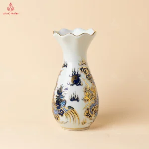 Lọ hoa miệng lượn men lam vẽ vàng họa tiết rồng
