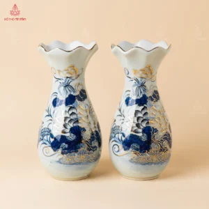 Lọ hoa miệng lượn men lam vẽ vàng họa tiết sen
