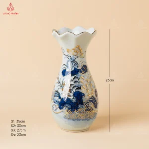 Lọ hoa miệng lượn men lam vẽ vàng họa tiết sen