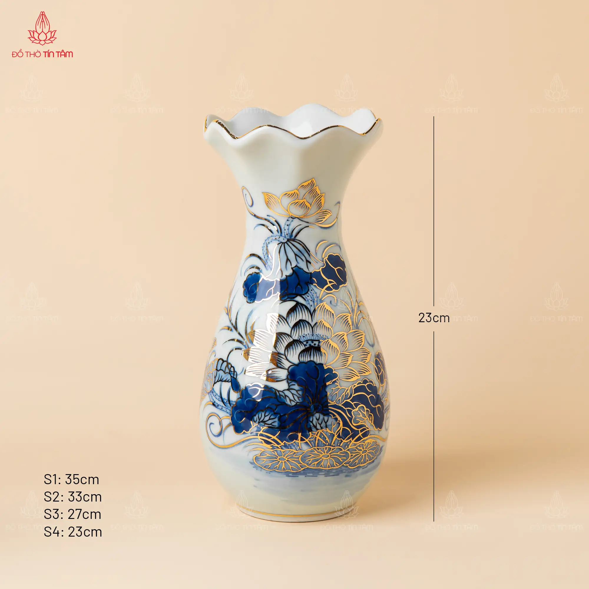 Lọ hoa miệng lượn men lam vẽ vàng họa tiết sen - 3 Lọ hoa miệng lượn men lam vẽ vàng họa tiết sen