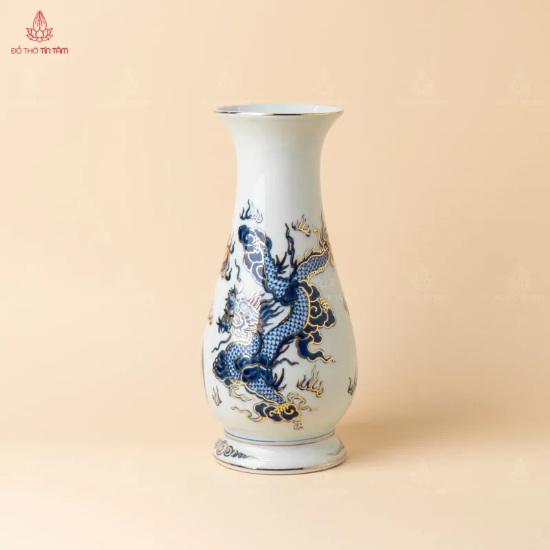 Lọ huệ men lam vẽ vàng họa tiết rồng
