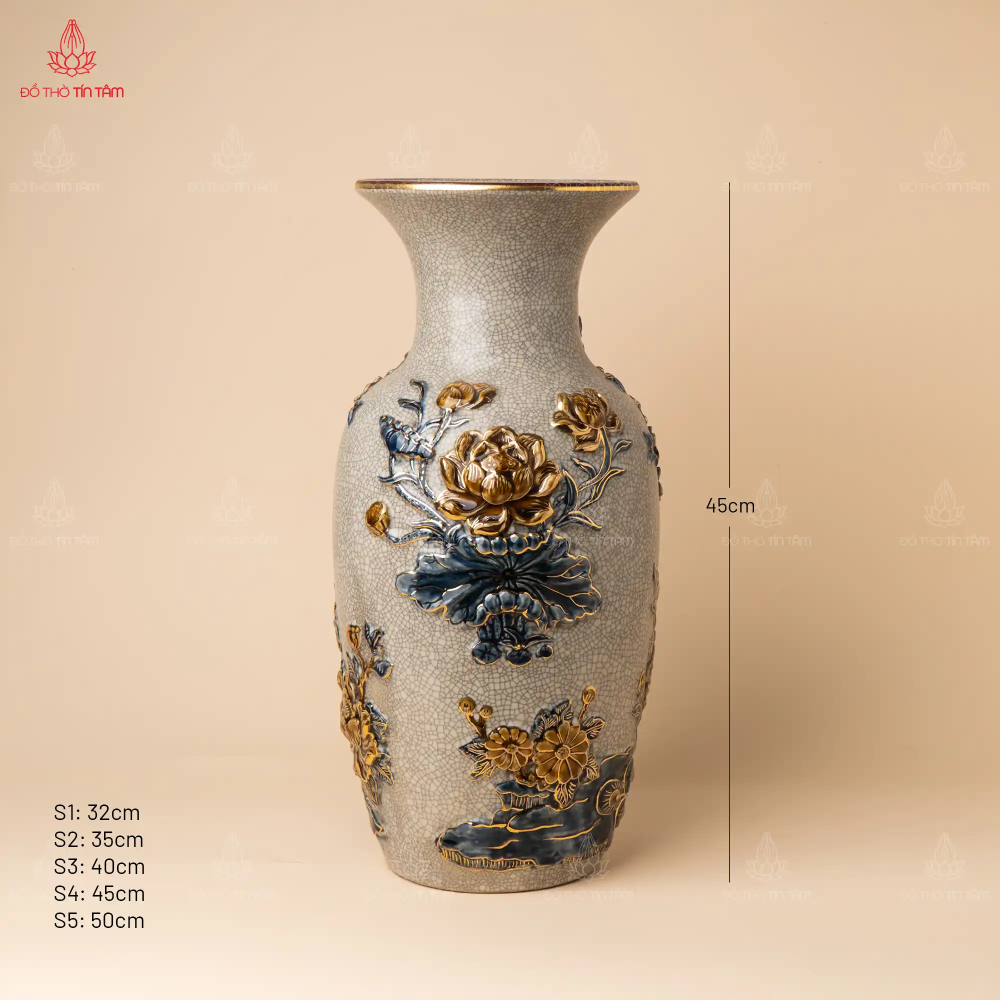 Lọ lộc bình men rạn vẽ vàng họa tiết công đào-3 Lọ lộc bình men rạn vẽ vàng họa tiết công đào