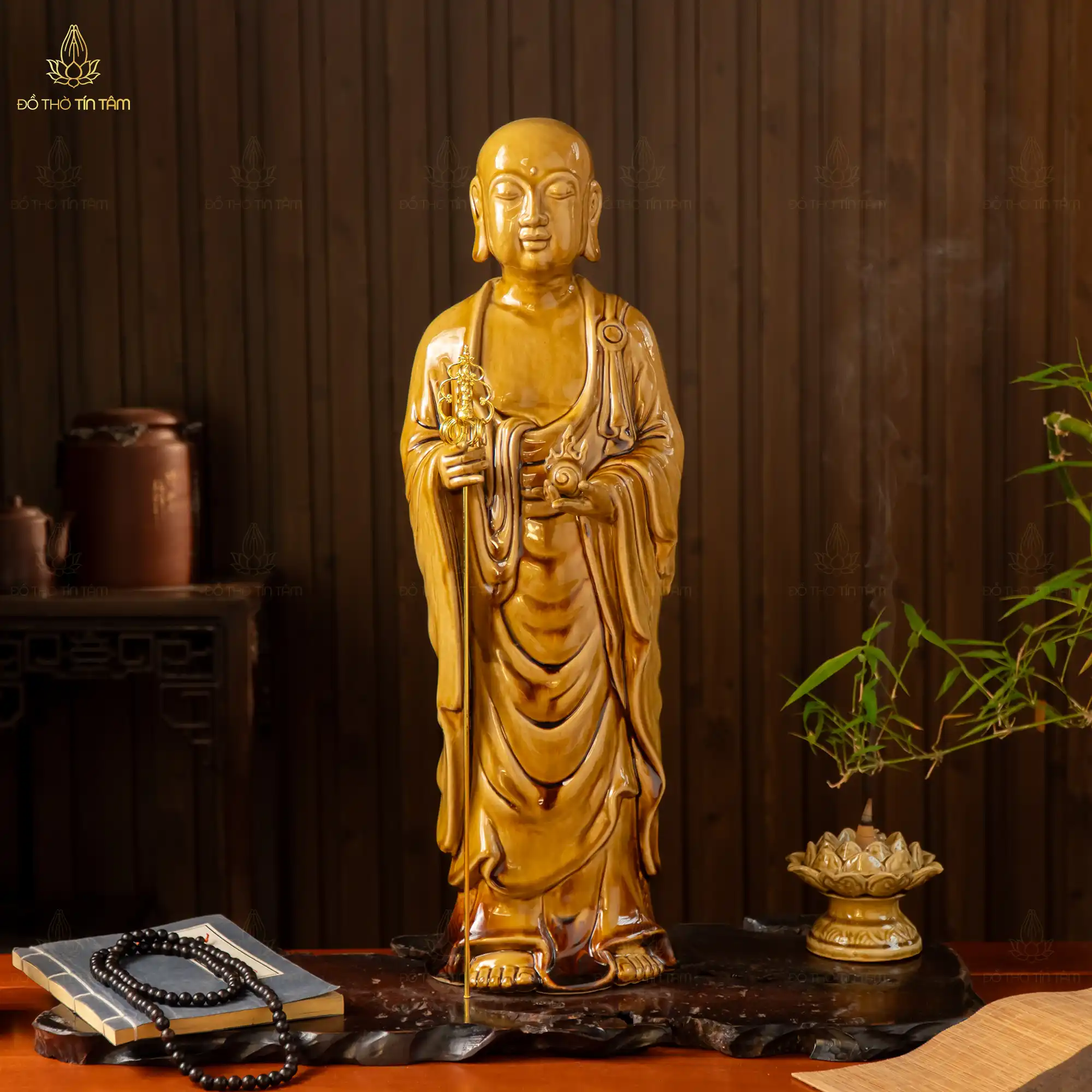 Tượng Bồ Tát Địa Tạng Men Hoàng Thổ - 1 Tượng Bồ Tát Địa Tạng Men Hoàng Thổ