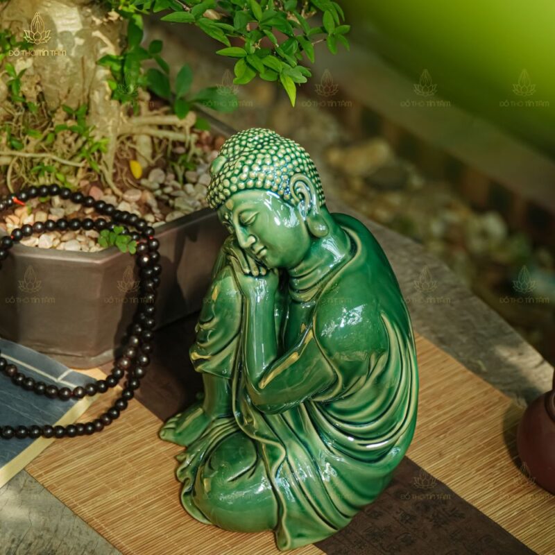 Tượng Phật An Nhiên Ngồi Đài Sen Men Xanh Lá